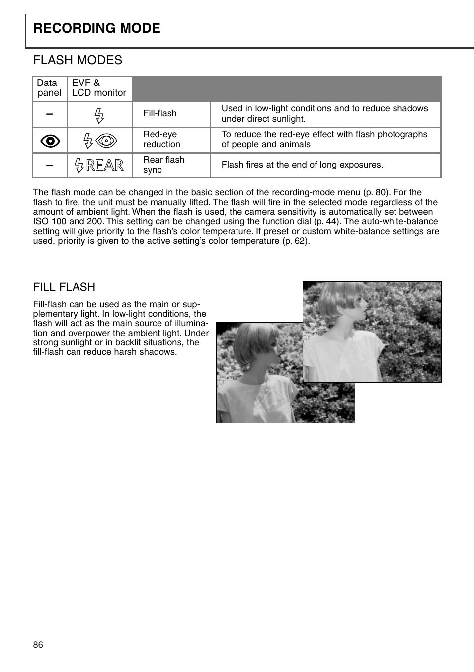 Flash modes, Recording mode | Minolta Dimage 7i User Manual | Page 86 / 164