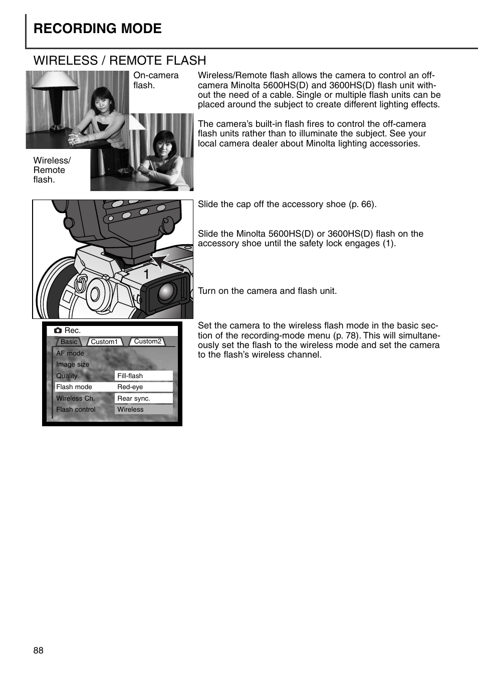 Wireless/remote flash, Recording mode, Wireless / remote flash | Minolta Dimage 7i User Manual | Page 88 / 164