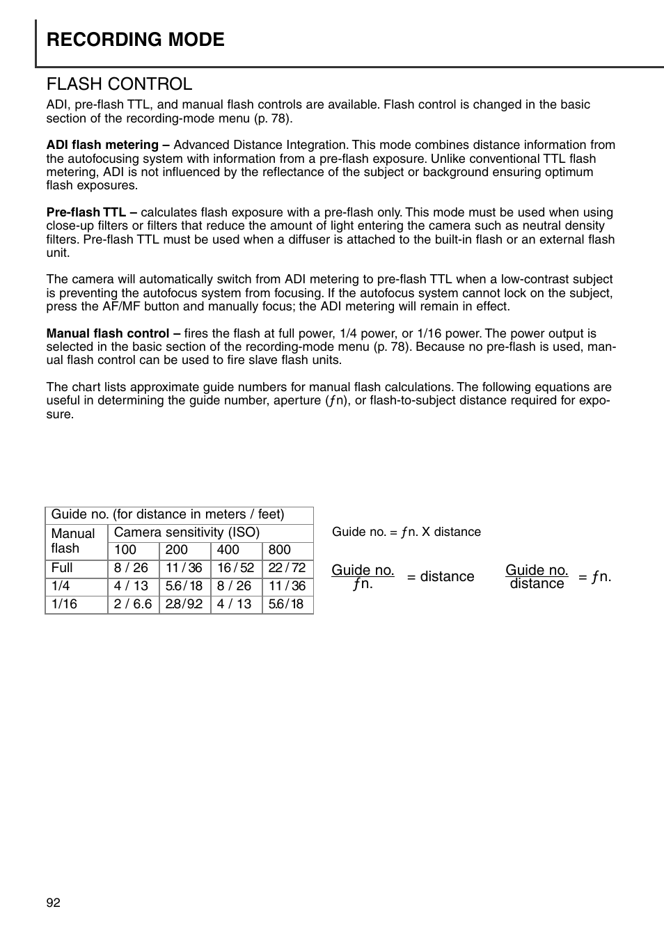 Flash control, Recording mode | Minolta Dimage 7i User Manual | Page 92 / 164