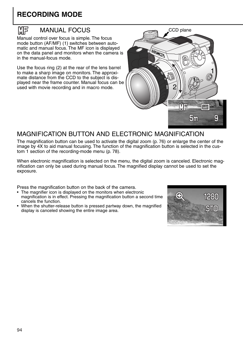 Recording mode, Magnification button and electronic magnification, Manual focus | Minolta Dimage 7i User Manual | Page 94 / 164