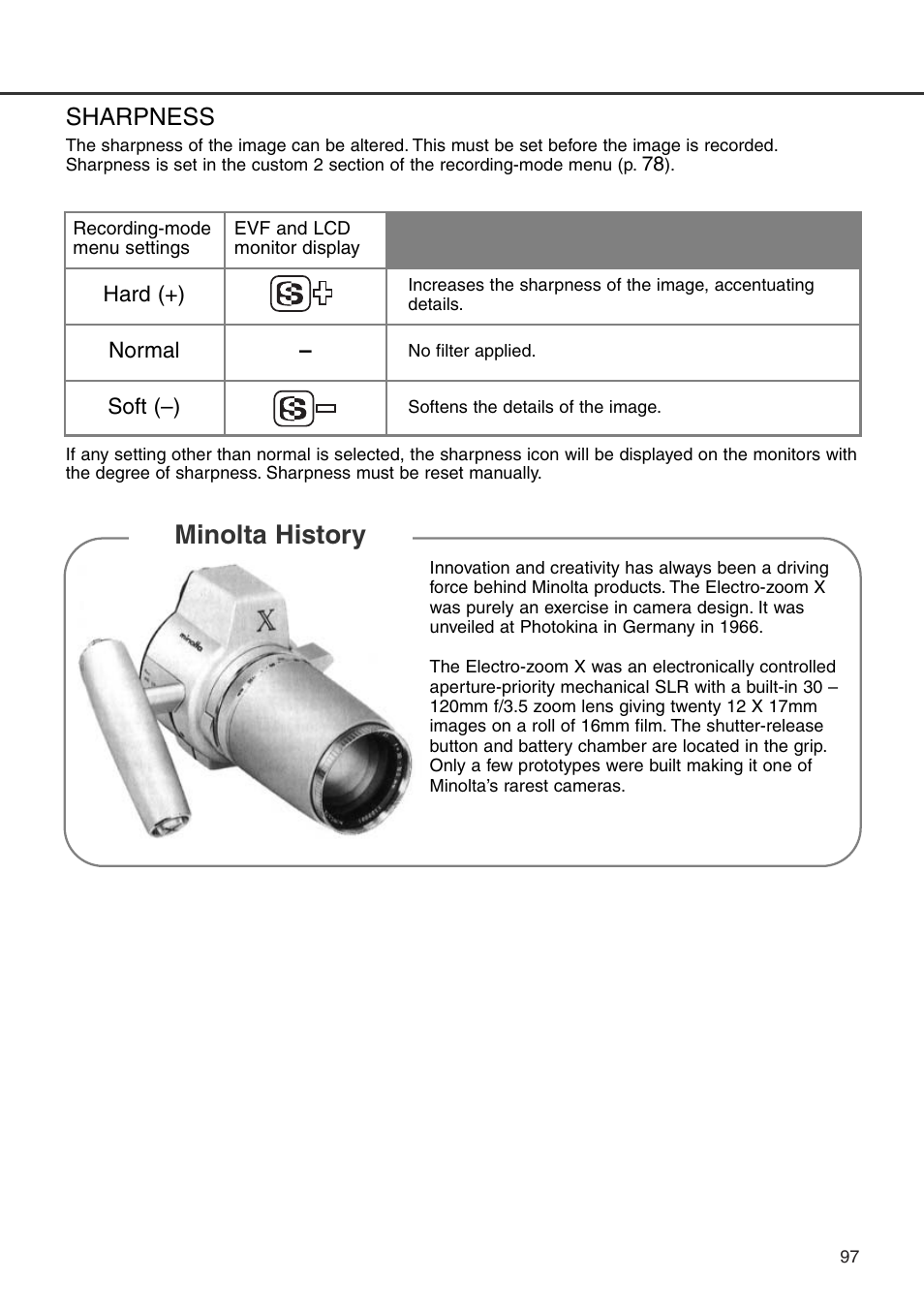 Sharpness, Minolta history | Minolta Dimage 7i User Manual | Page 97 / 164