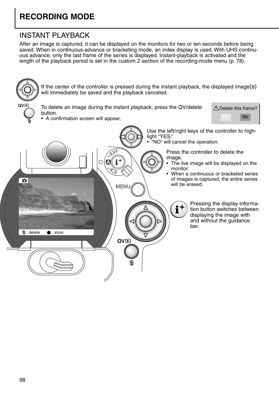 Instant playback, Recording mode | Minolta Dimage 7i User Manual | Page 98 / 164