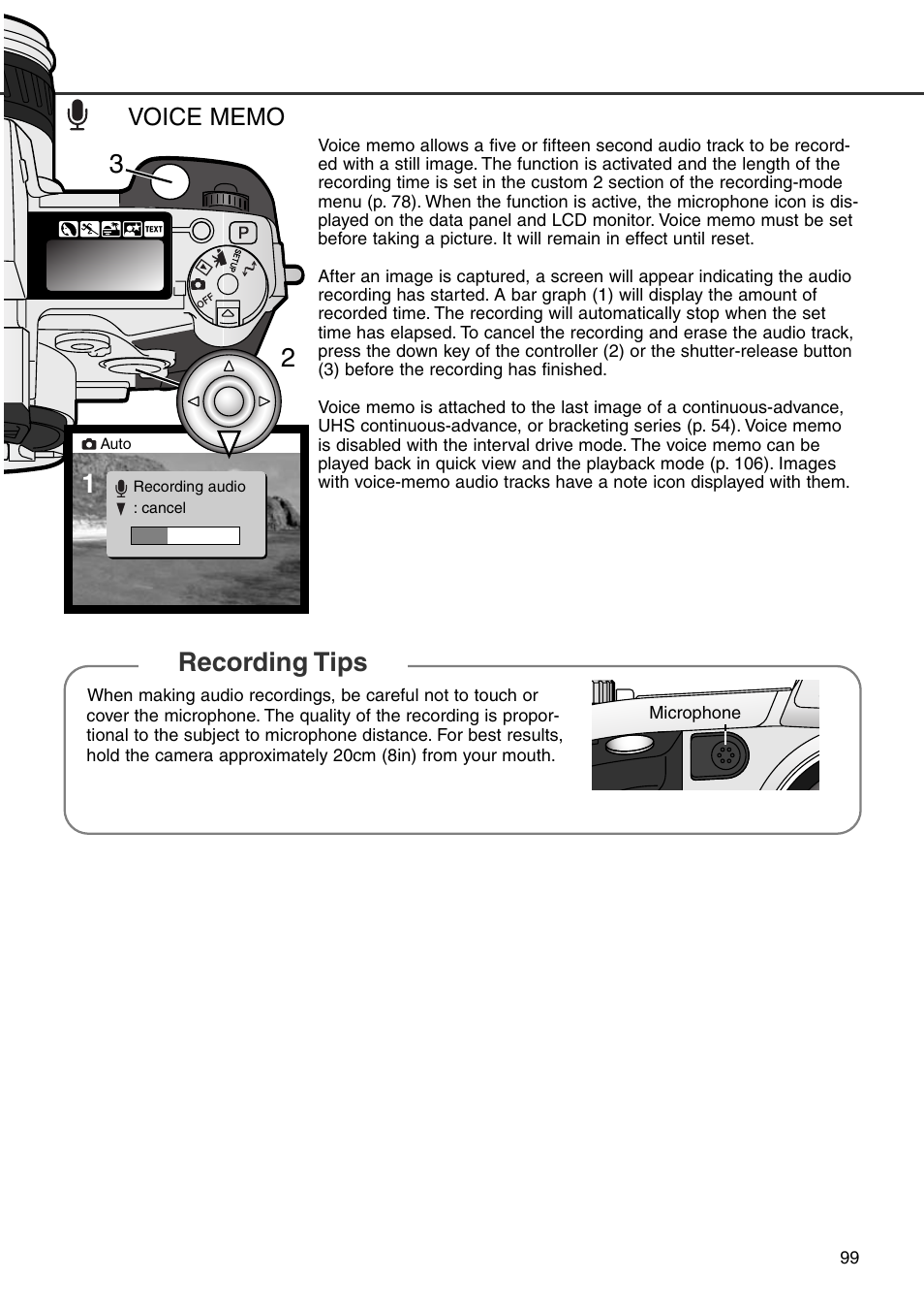 Voice memo, Recording tips | Minolta Dimage 7i User Manual | Page 99 / 164