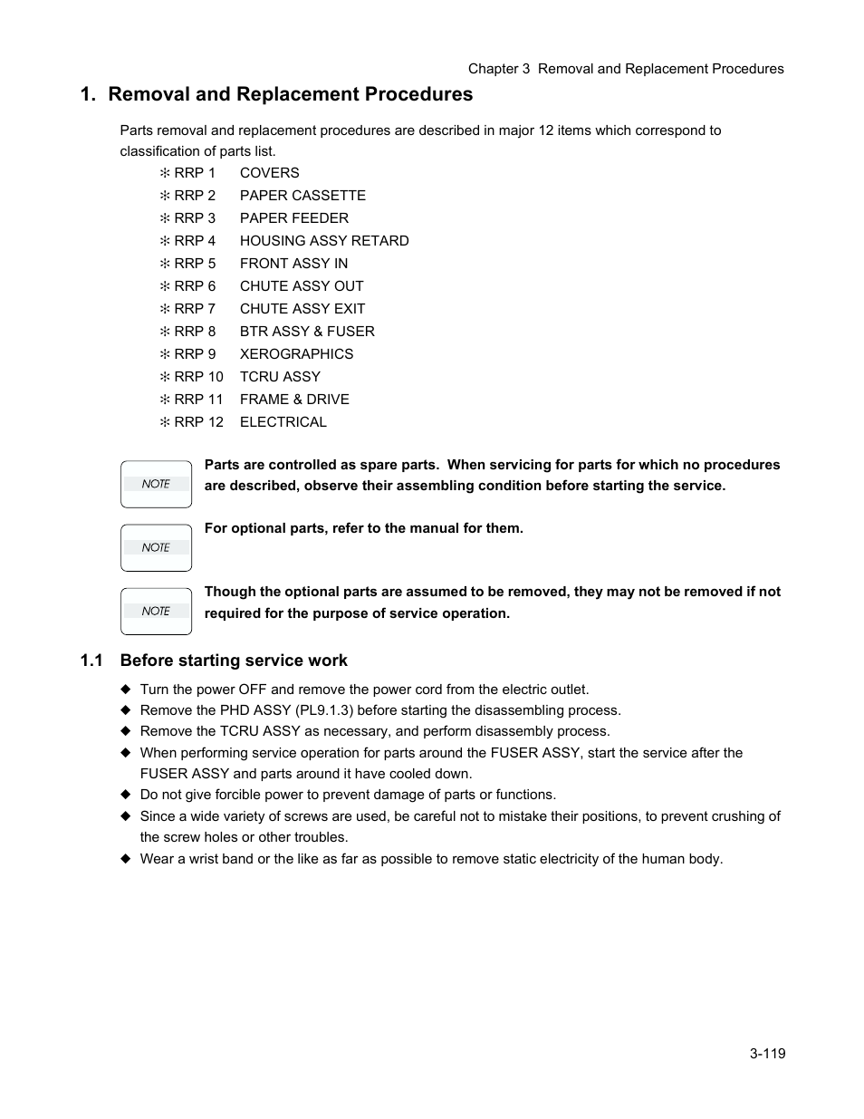 Removal and replacement procedures, 1 before starting service work, Removal and replacement procedures -121 | 1 before starting service work -121 | Minolta Magicolor 3100 Series User Manual | Page 121 / 424