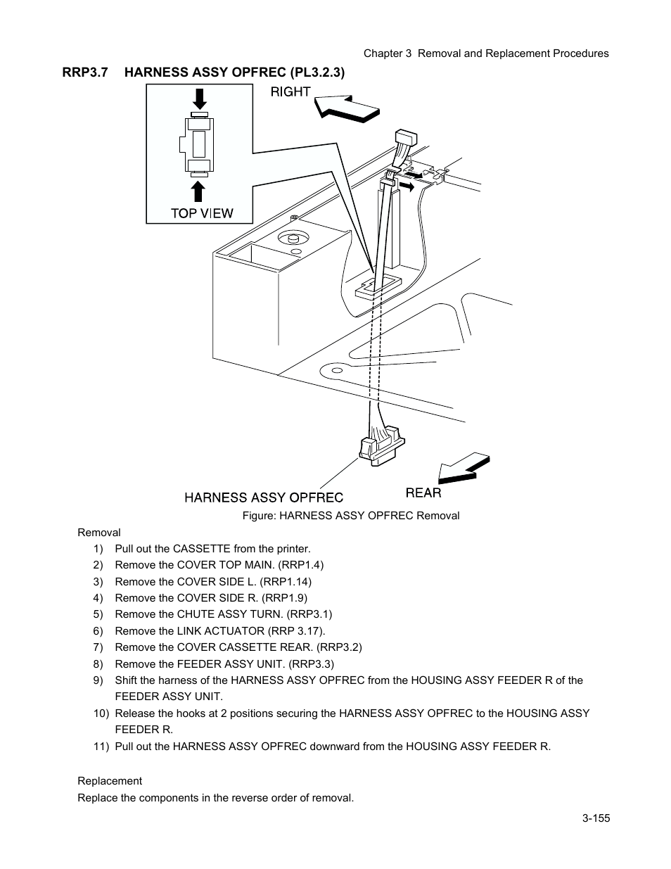 Rrp3.7 harness assy opfrec (pl3.2.3), Rrp3.7 harness assy opfrec (pl3.2.3) -157, Rrp7.1 chute assy exit (pl7.1.1) -213 | Minolta Magicolor 3100 Series User Manual | Page 157 / 424