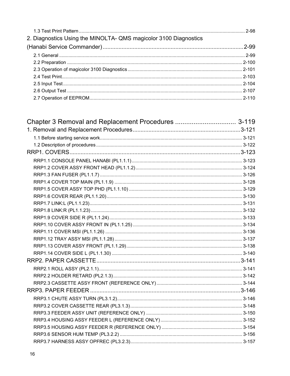 Chapter 3 removal and replacement procedures -119 | Minolta Magicolor 3100 Series User Manual | Page 16 / 424