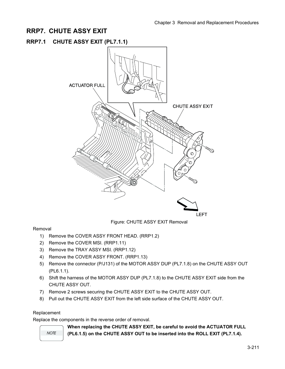 Rrp7. chute assy exit, Rrp7.1 chute assy exit (pl7.1.1), Rrp7. chute assy exit -213 | Minolta Magicolor 3100 Series User Manual | Page 213 / 424