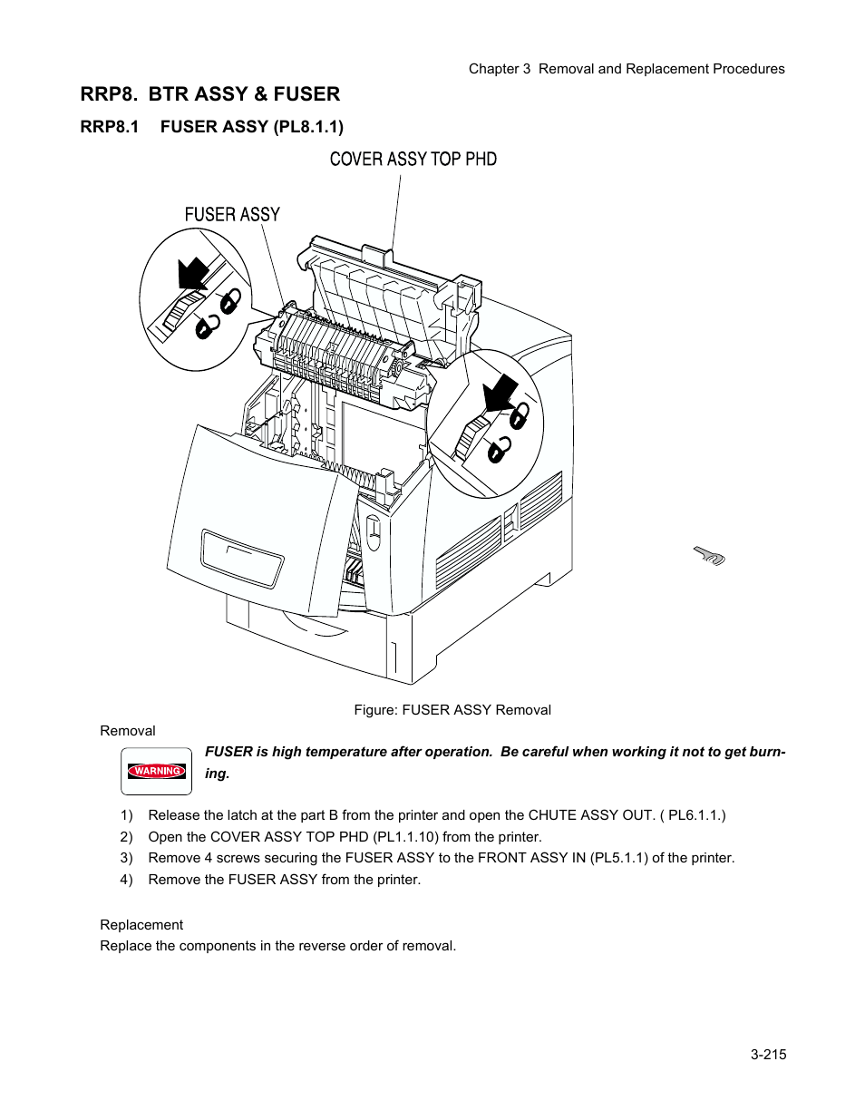 Rrp8. btr assy & fuser, Rrp8.1 fuser assy (pl8.1.1), Rrp8. btr assy & fuser -217 | Rrp8.1 fuser assy (pl8.1.1) -217 | Minolta Magicolor 3100 Series User Manual | Page 217 / 424