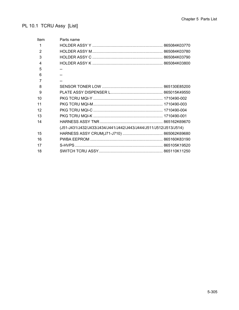 Pl 10.1 tcru assy [list | Minolta Magicolor 3100 Series User Manual | Page 305 / 424