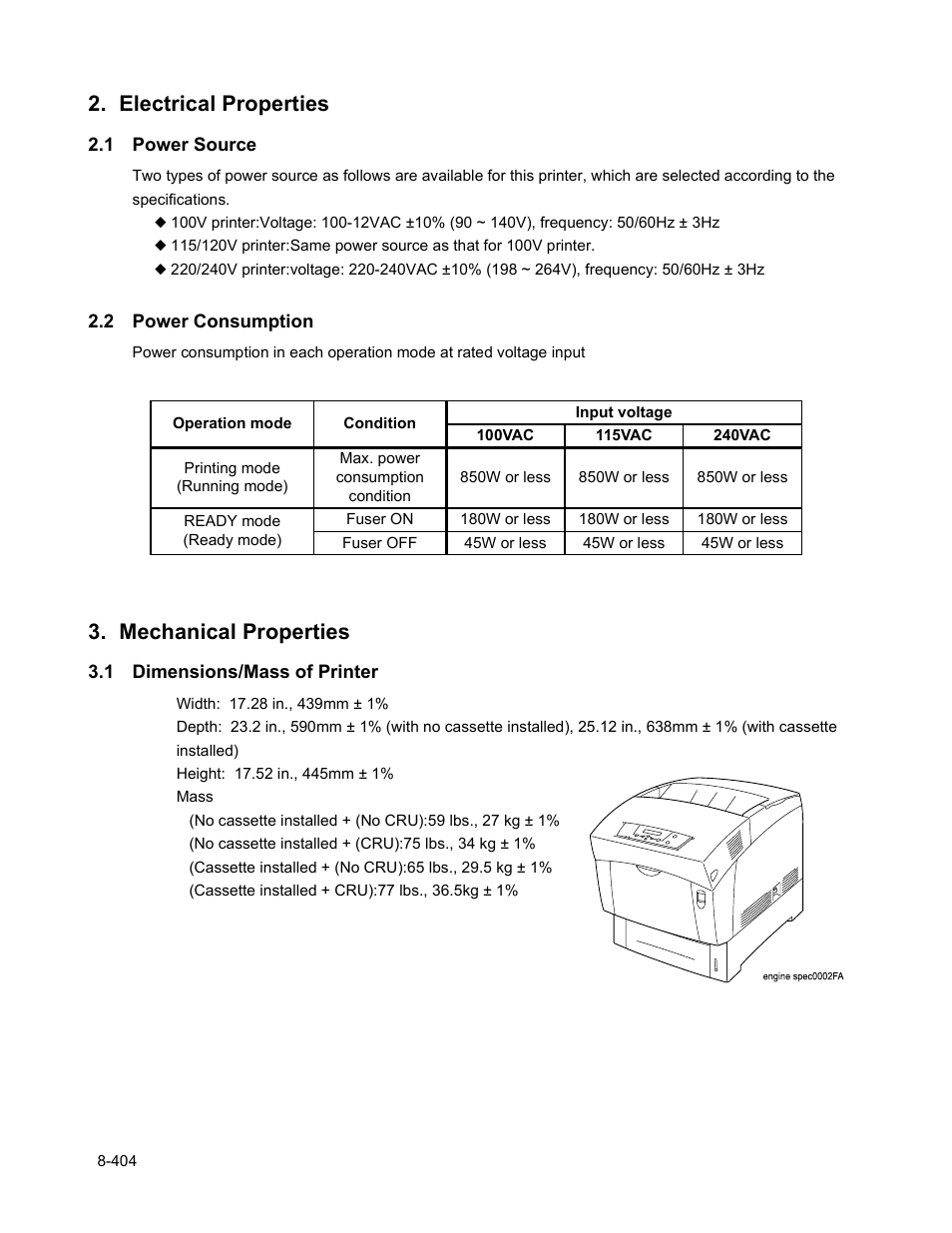 Electrical properties, 1 power source, 2 power consumption | Mechanical properties, 1 dimensions/mass of printer, Electrical properties -404, 1 power source -404 2.2 power consumption -404, Mechanical properties -404, 1 dimensions/mass of printer -404 | Minolta Magicolor 3100 Series User Manual | Page 404 / 424