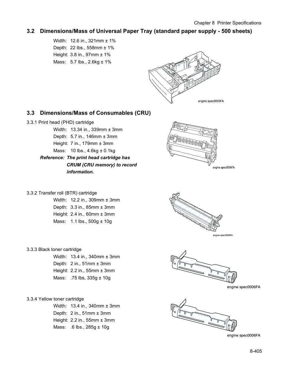 3 dimensions/mass of consumables (cru) | Minolta Magicolor 3100 Series User Manual | Page 405 / 424