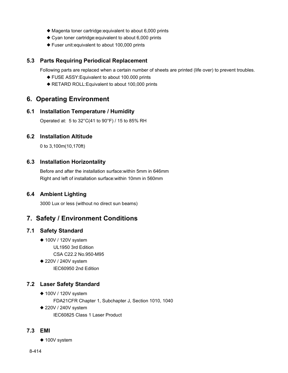 3 parts requiring periodical replacement, Operating environment, 1 installation temperature / humidity | 2 installation altitude, 3 installation horizontality, 4 ambient lighting, Safety / environment conditions, 1 safety standard, 2 laser safety standard, 3 emi | Minolta Magicolor 3100 Series User Manual | Page 414 / 424