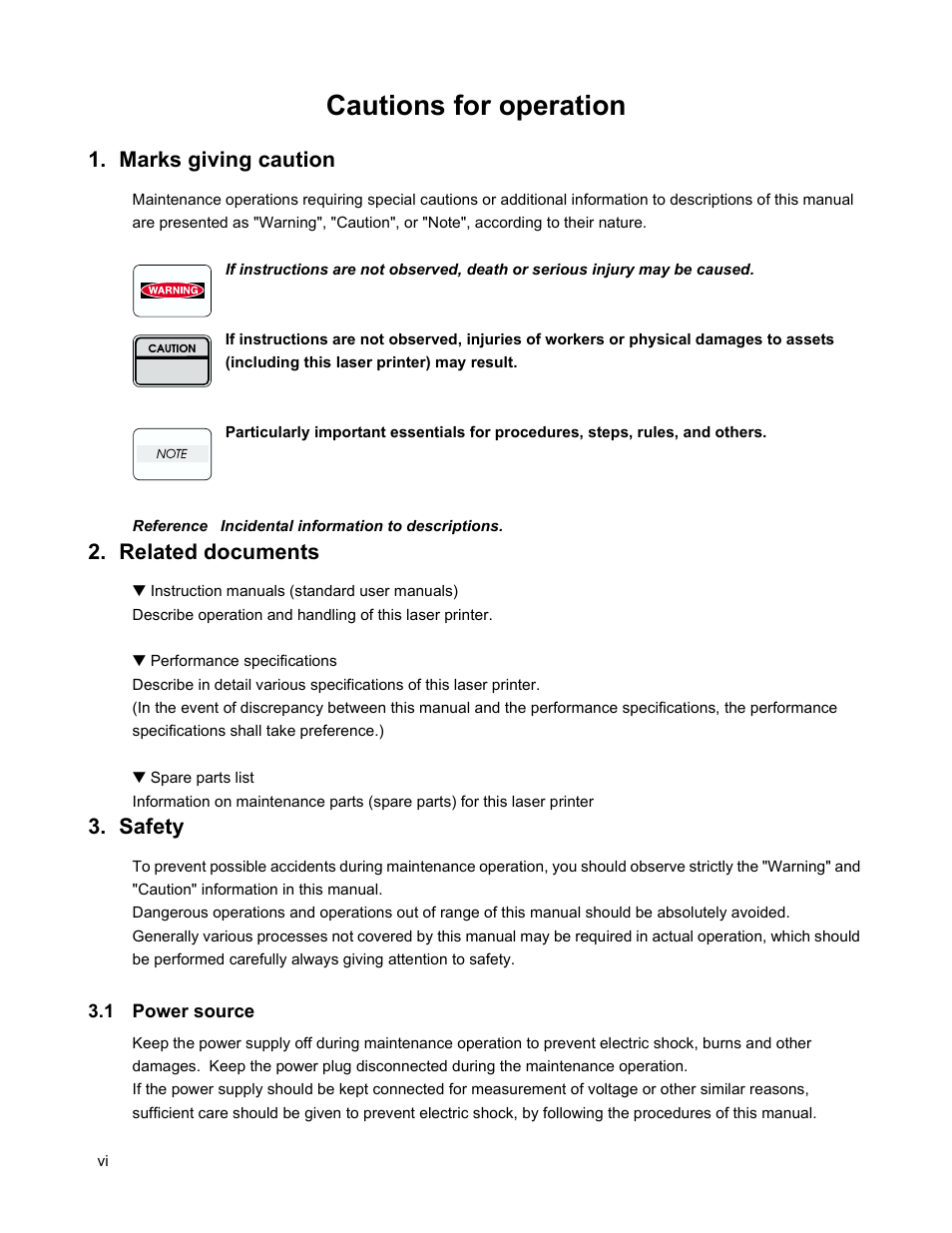 Marks giving caution, Related documents, Safety | 1 power source, Cautions for operation | Minolta Magicolor 3100 Series User Manual | Page 6 / 424