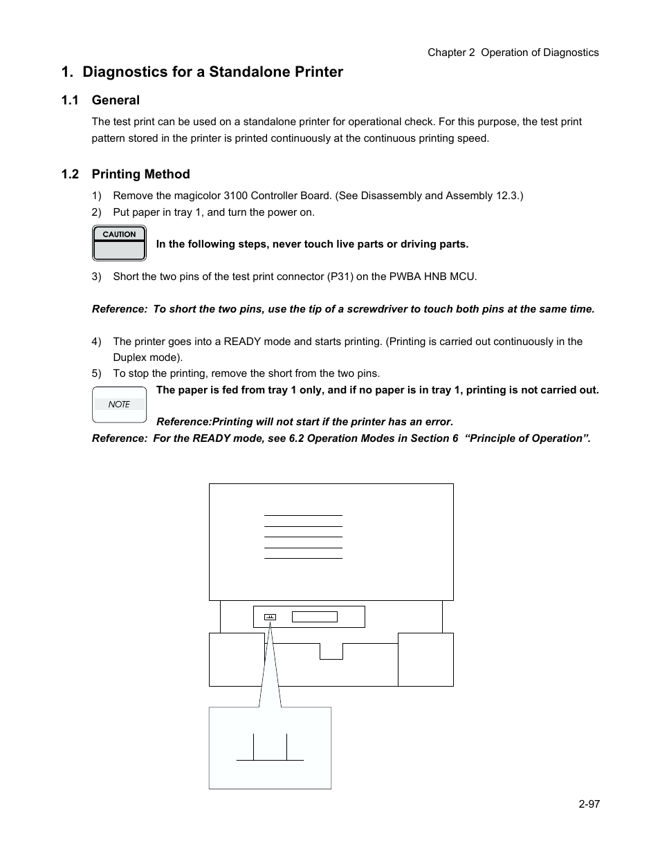 Diagnostics for a standalone printer, 1 general, 2 printing method | Diagnostics for a standalone printer -97, 1 general -97 1.2 printing method -97 | Minolta Magicolor 3100 Series User Manual | Page 97 / 424