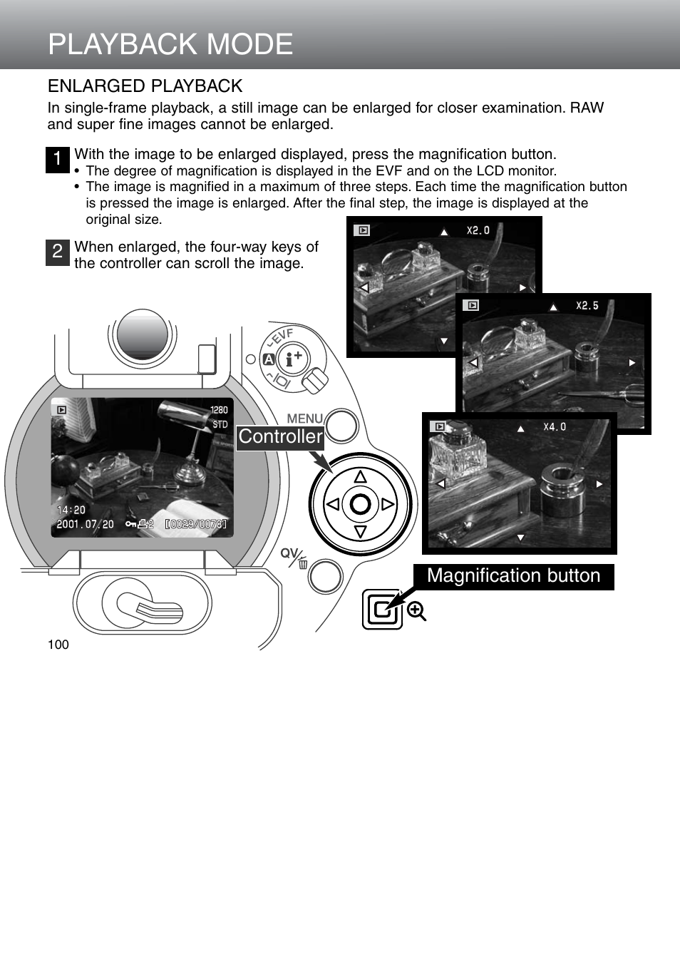 Enlarged playback, Playback mode | Minolta Dimage 5 User Manual | Page 100 / 150