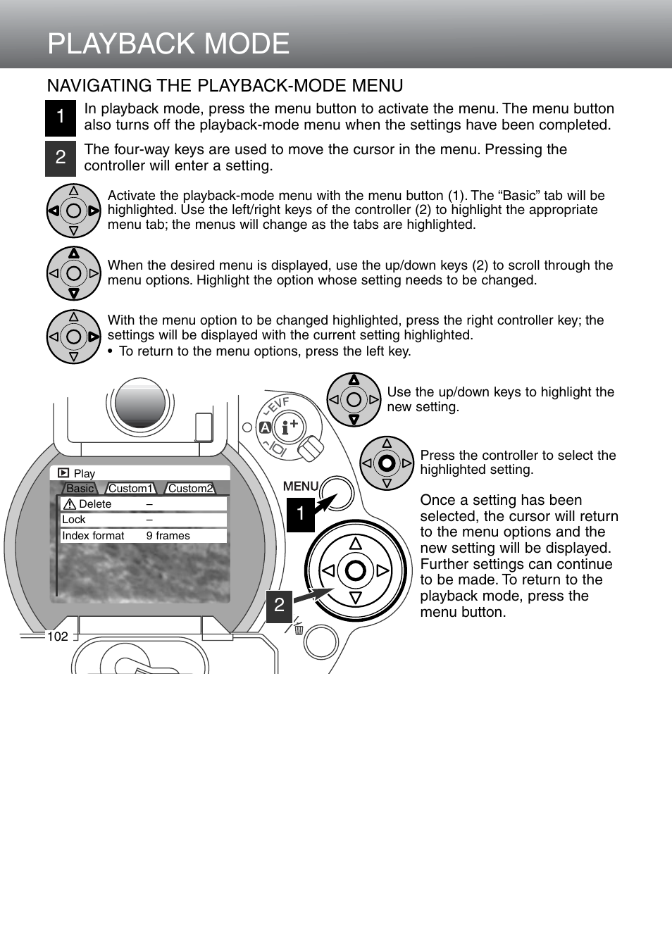 Navigating the playback-mode menu, Playback mode | Minolta Dimage 5 User Manual | Page 102 / 150