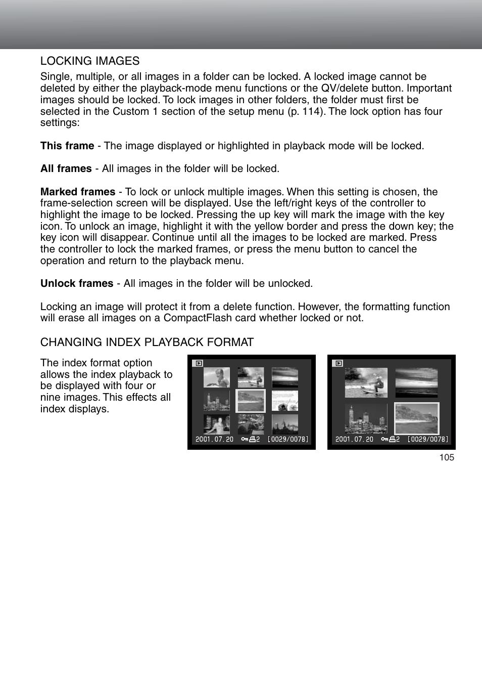 Locking images changing the index playback format | Minolta Dimage 5 User Manual | Page 105 / 150