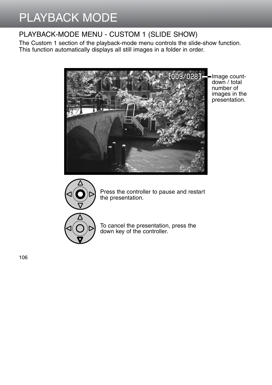 Playback-mode menu - custom 1 (slide show), Playback mode | Minolta Dimage 5 User Manual | Page 106 / 150