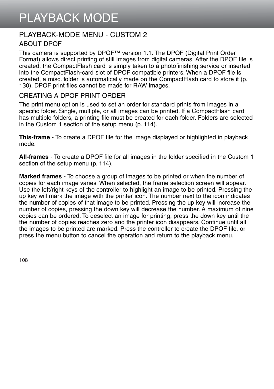 Playback-mode menu - custom 2, About dpof creating a dpof print order, Playback mode | Minolta Dimage 5 User Manual | Page 108 / 150