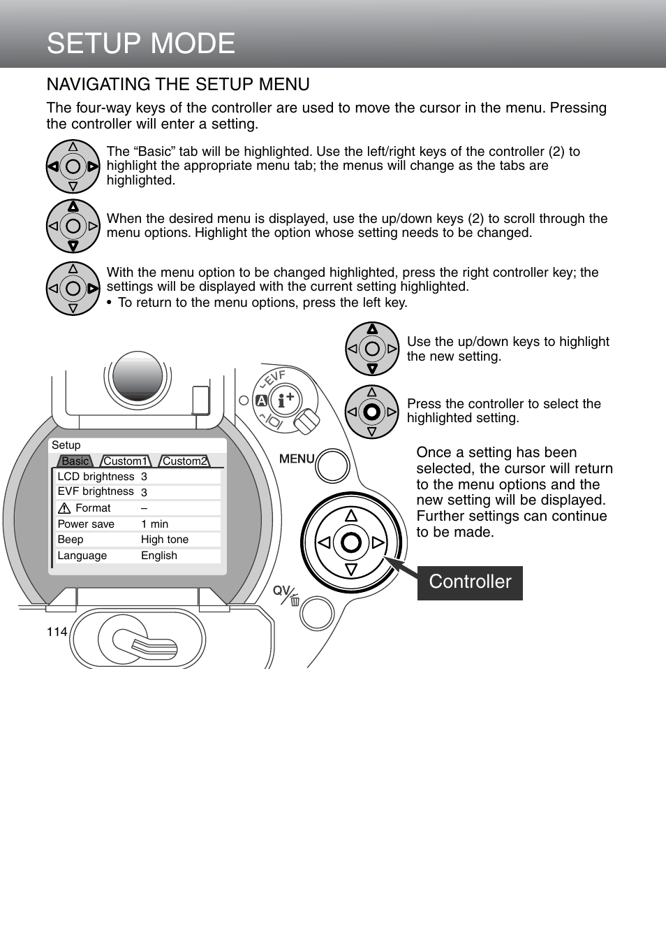Navigating the setup menu, Setup mode, Controller | Minolta Dimage 5 User Manual | Page 114 / 150