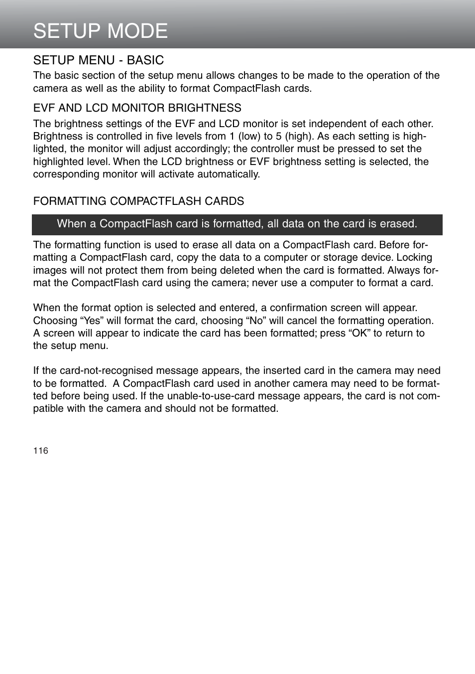 Setup menu - basic, Setup mode | Minolta Dimage 5 User Manual | Page 116 / 150