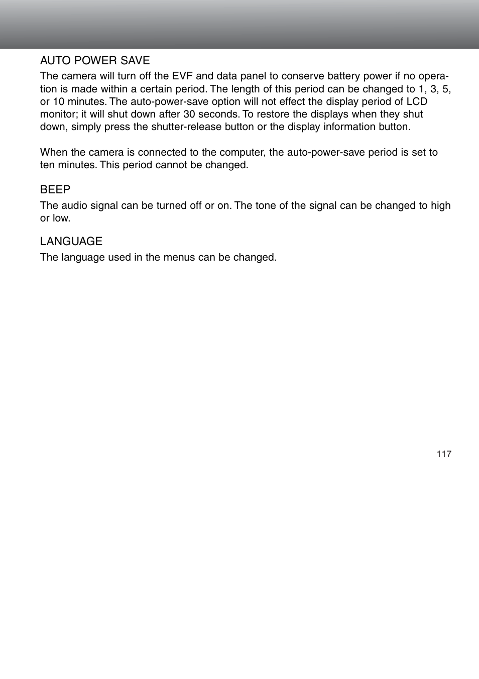 Auto power save beep language | Minolta Dimage 5 User Manual | Page 117 / 150