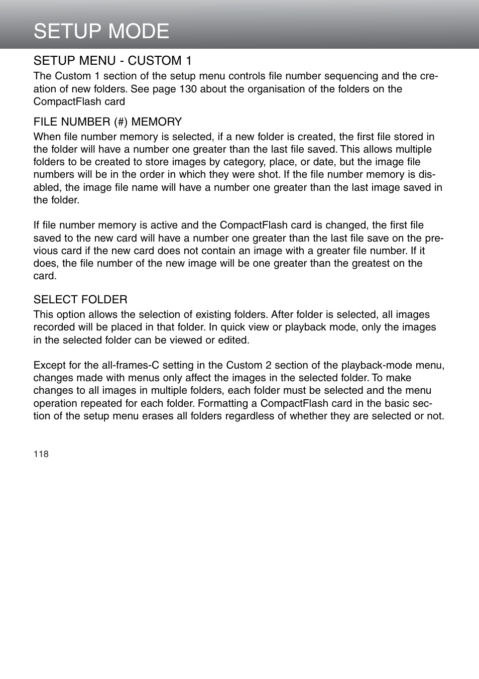 Setup menu - custom 1, File number memory select folder, Setup mode | Minolta Dimage 5 User Manual | Page 118 / 150