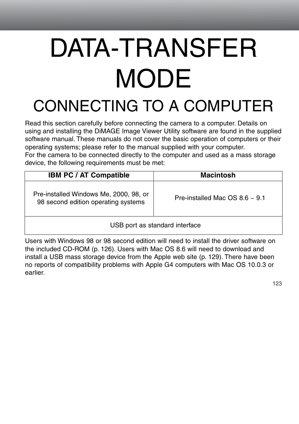 Data-transfer mode, Connecting to a computer | Minolta Dimage 5 User Manual | Page 123 / 150