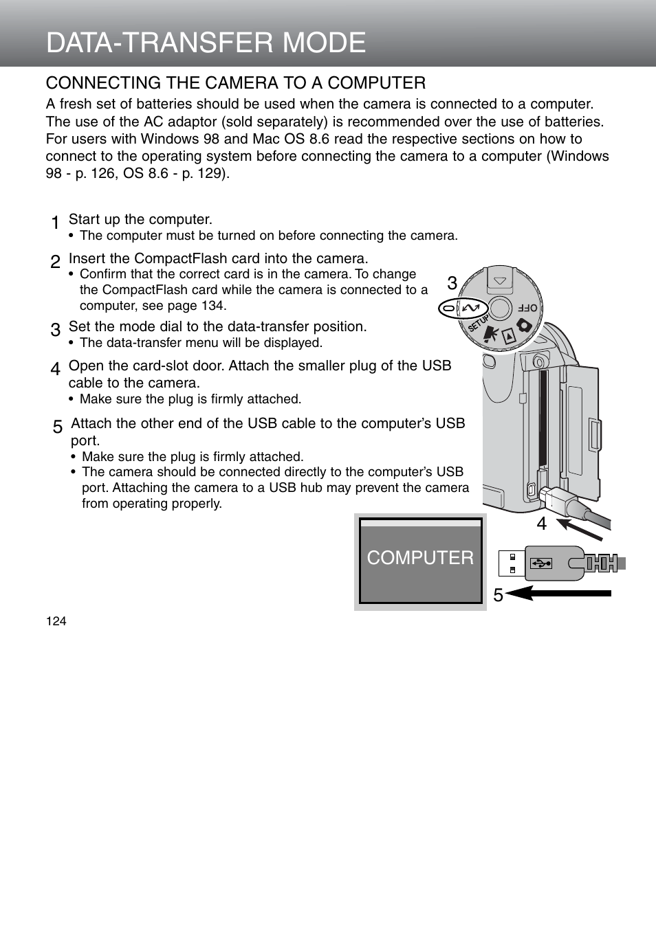 Connecting the camera to a computer, Data-transfer mode | Minolta Dimage 5 User Manual | Page 124 / 150