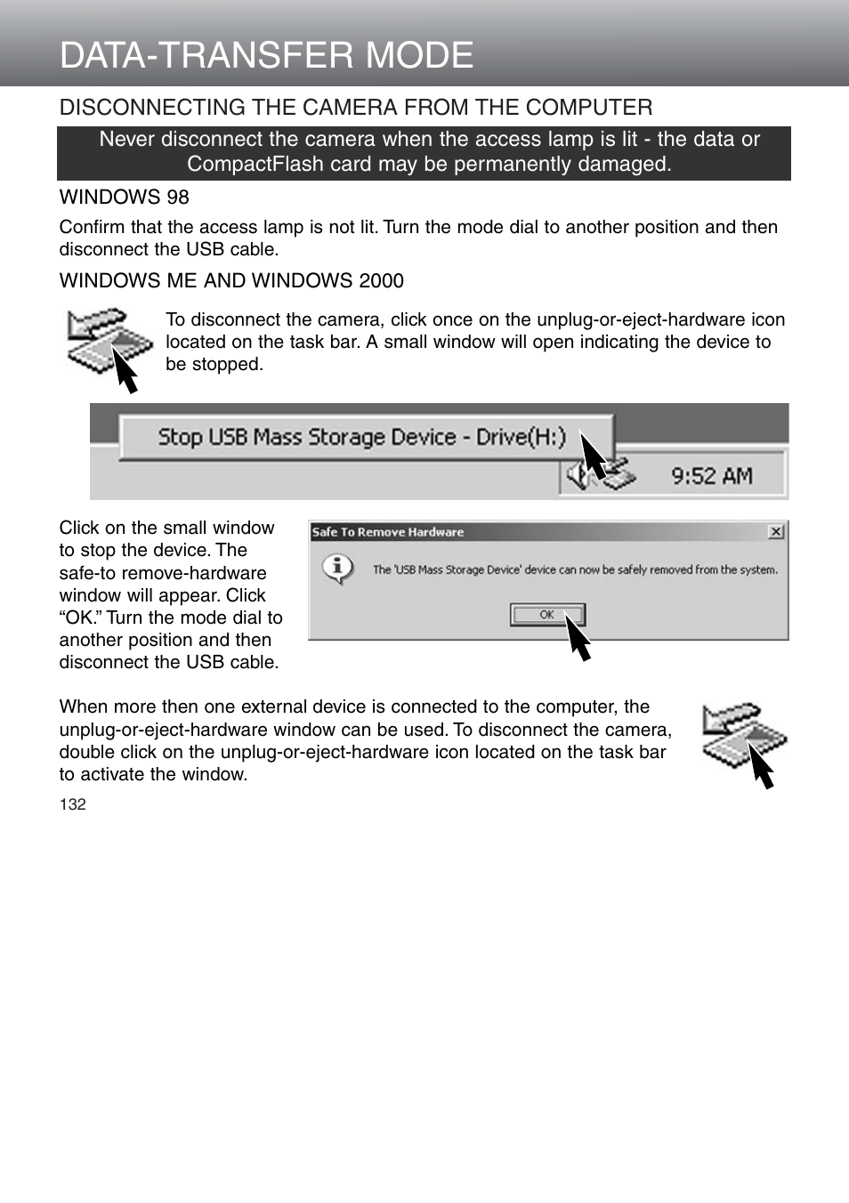 Disconnecting the camera from the computer, Data-transfer mode | Minolta Dimage 5 User Manual | Page 132 / 150