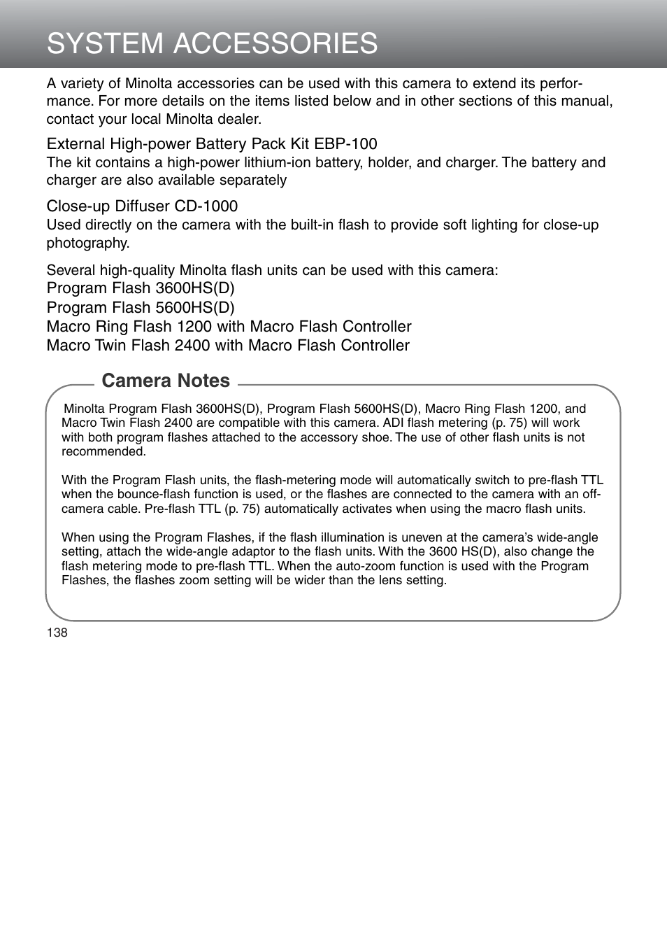 System accessories | Minolta Dimage 5 User Manual | Page 138 / 150