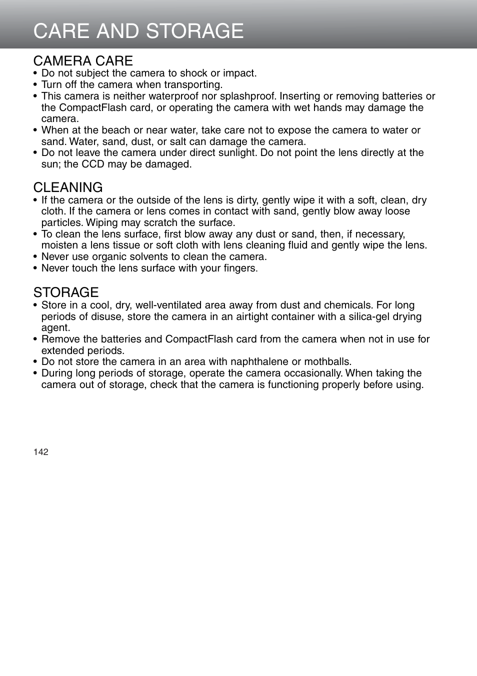 Care and storage, Cleaning, Camera care | Storage | Minolta Dimage 5 User Manual | Page 142 / 150