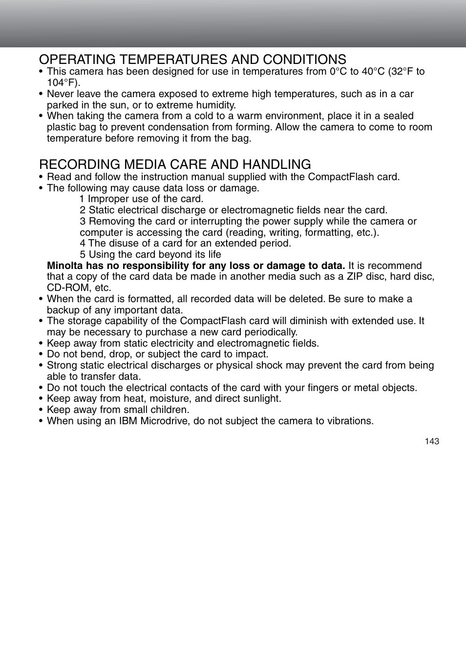 Operating temperatures and conditions, Recording media care and handling | Minolta Dimage 5 User Manual | Page 143 / 150