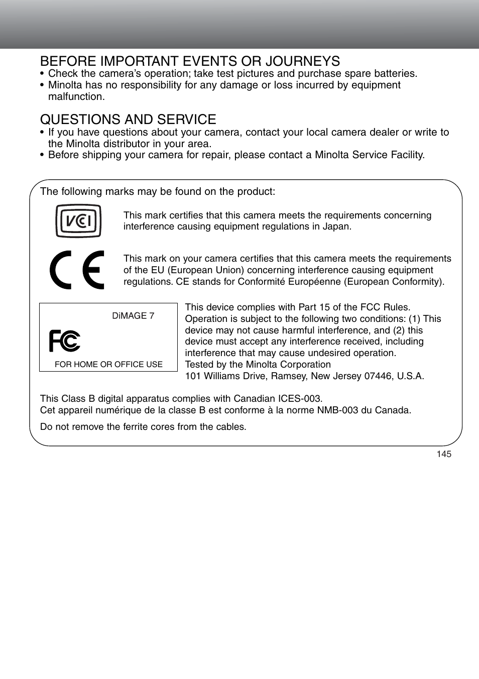 Before important events or journeys, Questions and service | Minolta Dimage 5 User Manual | Page 145 / 150