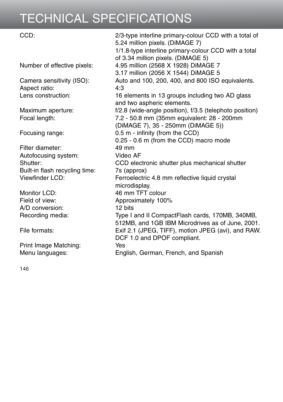 Technical specifications/note about batteries, Technical specifications | Minolta Dimage 5 User Manual | Page 146 / 150