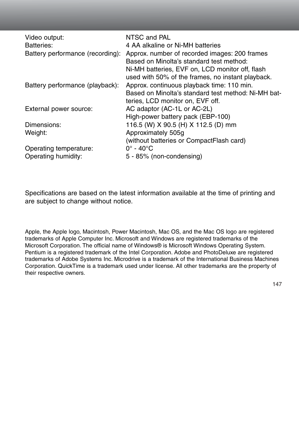 Minolta Dimage 5 User Manual | Page 147 / 150