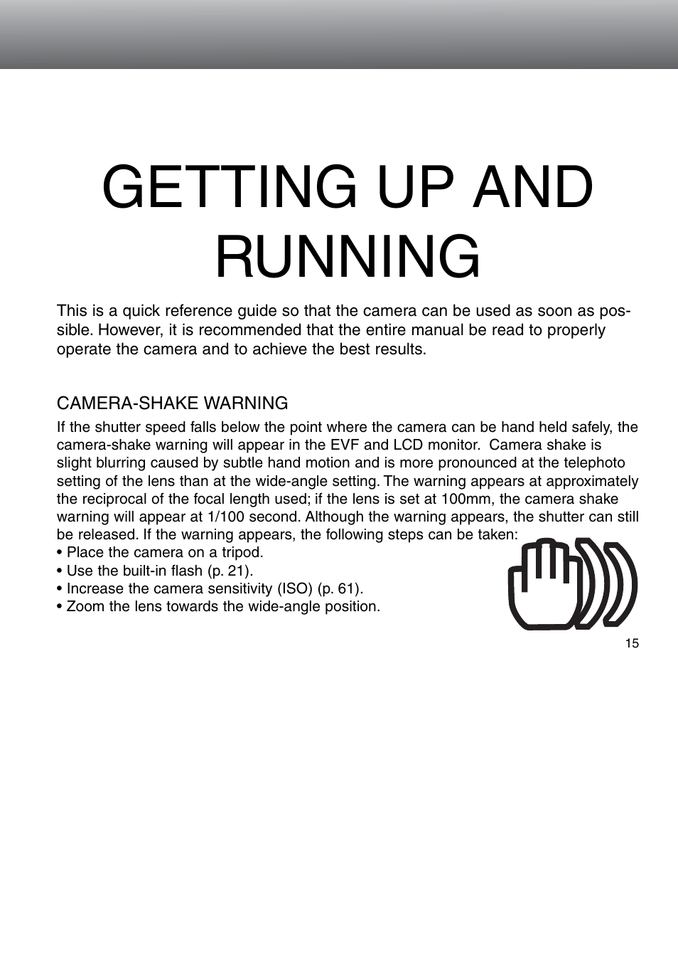 Getting up and running, Camera-shake warning | Minolta Dimage 5 User Manual | Page 15 / 150