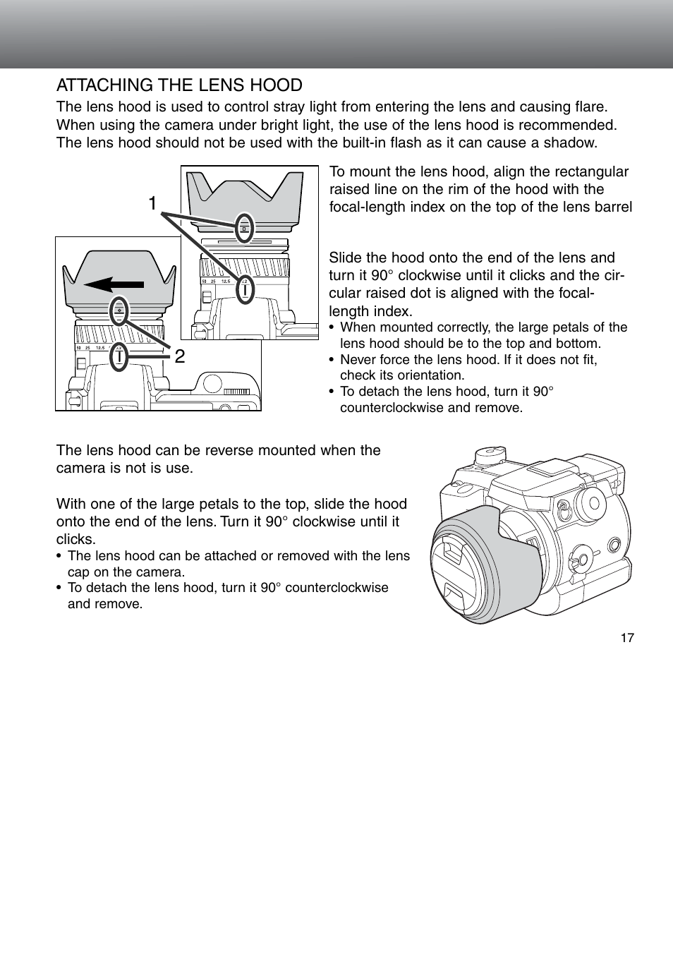 Attaching the lens hood | Minolta Dimage 5 User Manual | Page 17 / 150