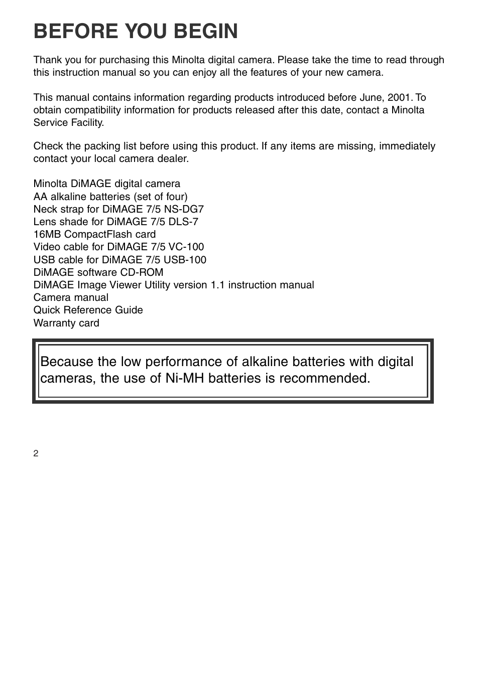 Before you begin | Minolta Dimage 5 User Manual | Page 2 / 150