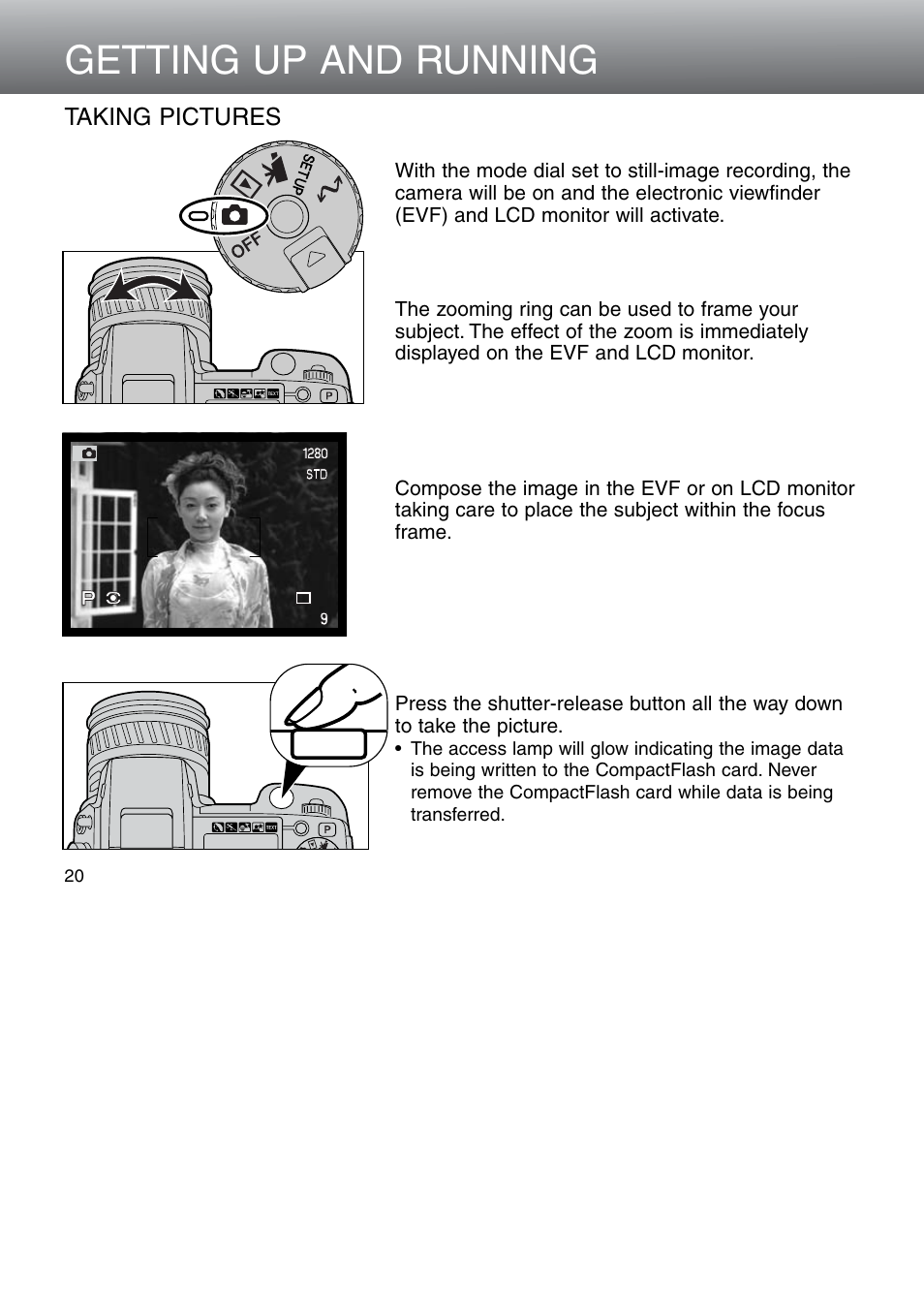 Taking pictures, Getting up and running | Minolta Dimage 5 User Manual | Page 20 / 150