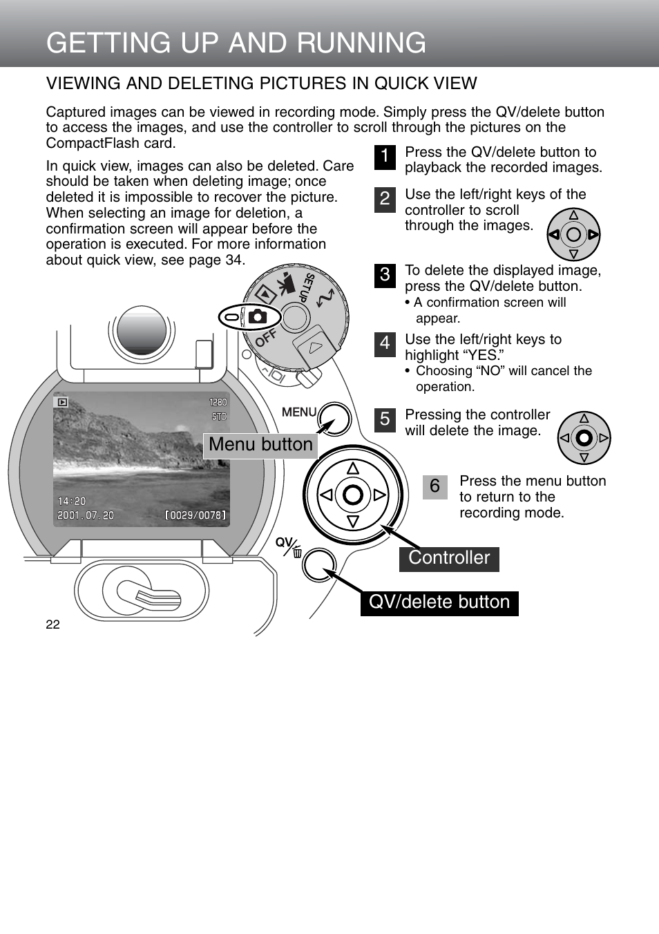 Viewing and deleting pictures in quick view, Getting up and running | Minolta Dimage 5 User Manual | Page 22 / 150