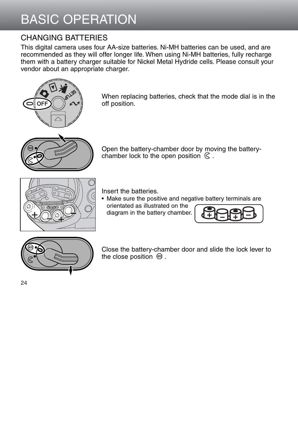 Changing batteries, Basic operation | Minolta Dimage 5 User Manual | Page 24 / 150