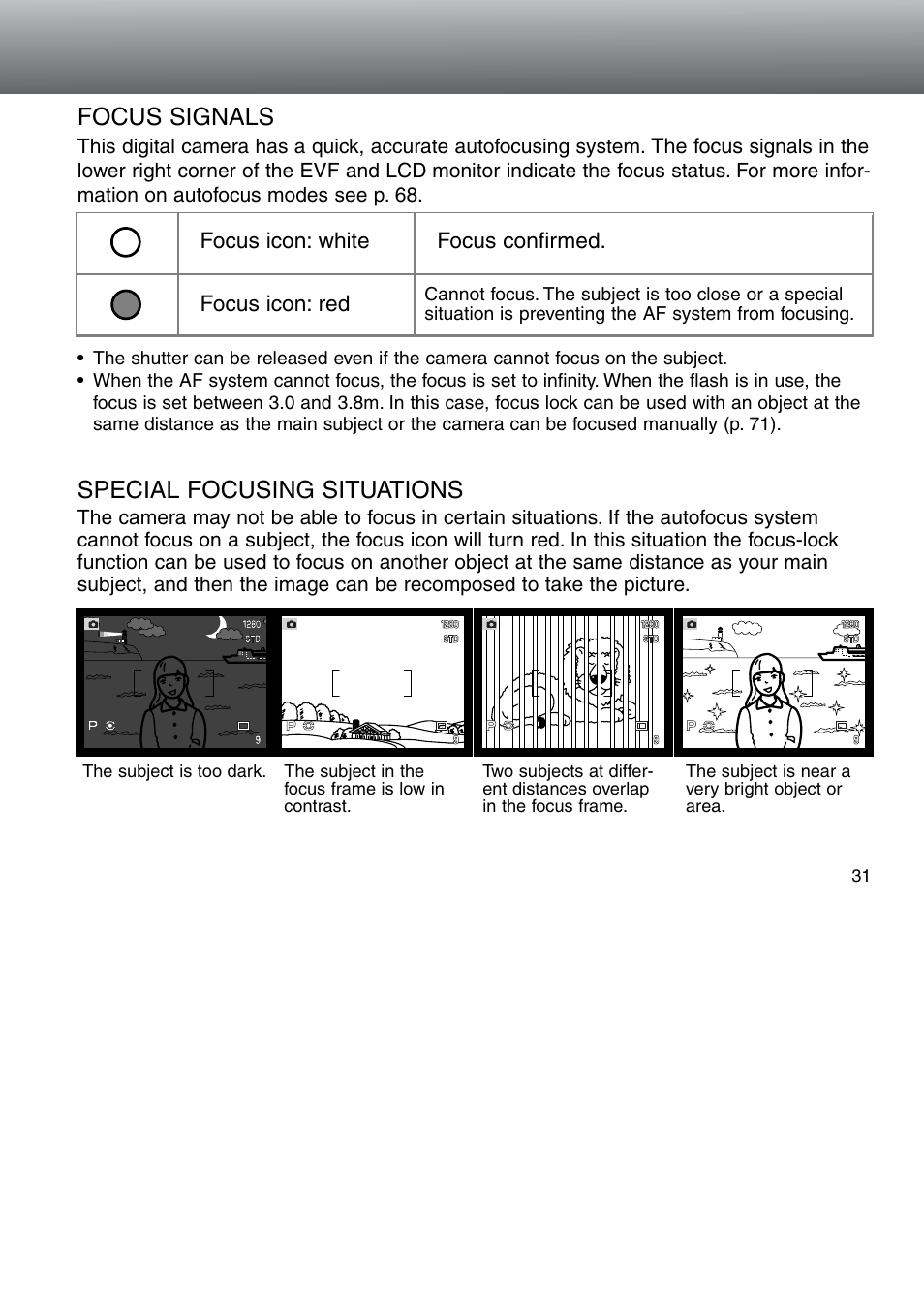 Focus signals special focusing situations | Minolta Dimage 5 User Manual | Page 31 / 150