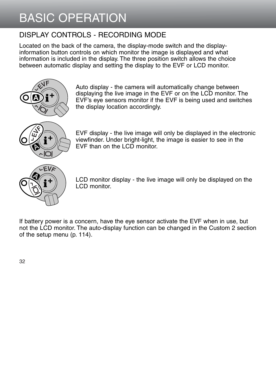 Display controls - recording mode, Basic operation | Minolta Dimage 5 User Manual | Page 32 / 150