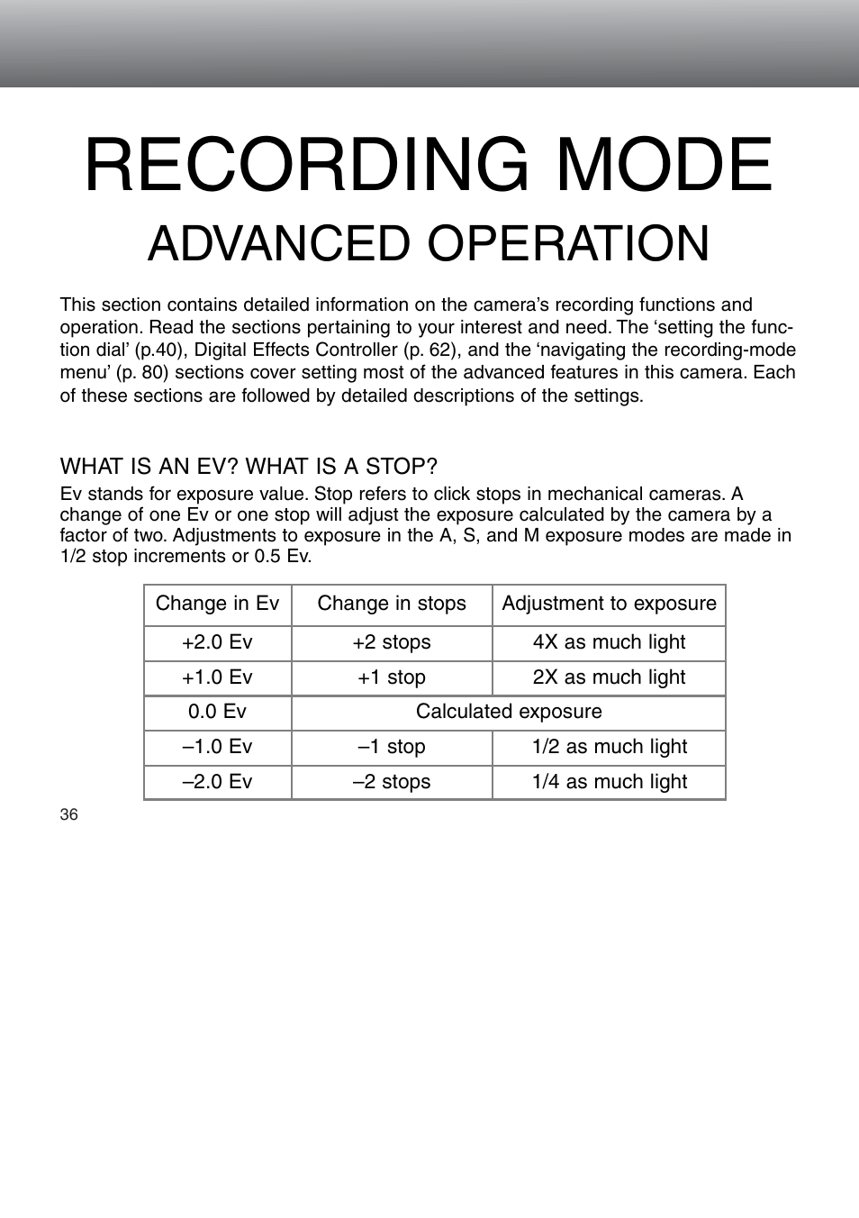 Recording mode - advanced operation, What is an ev? what is a stop, Recording mode | Advanced operation | Minolta Dimage 5 User Manual | Page 36 / 150