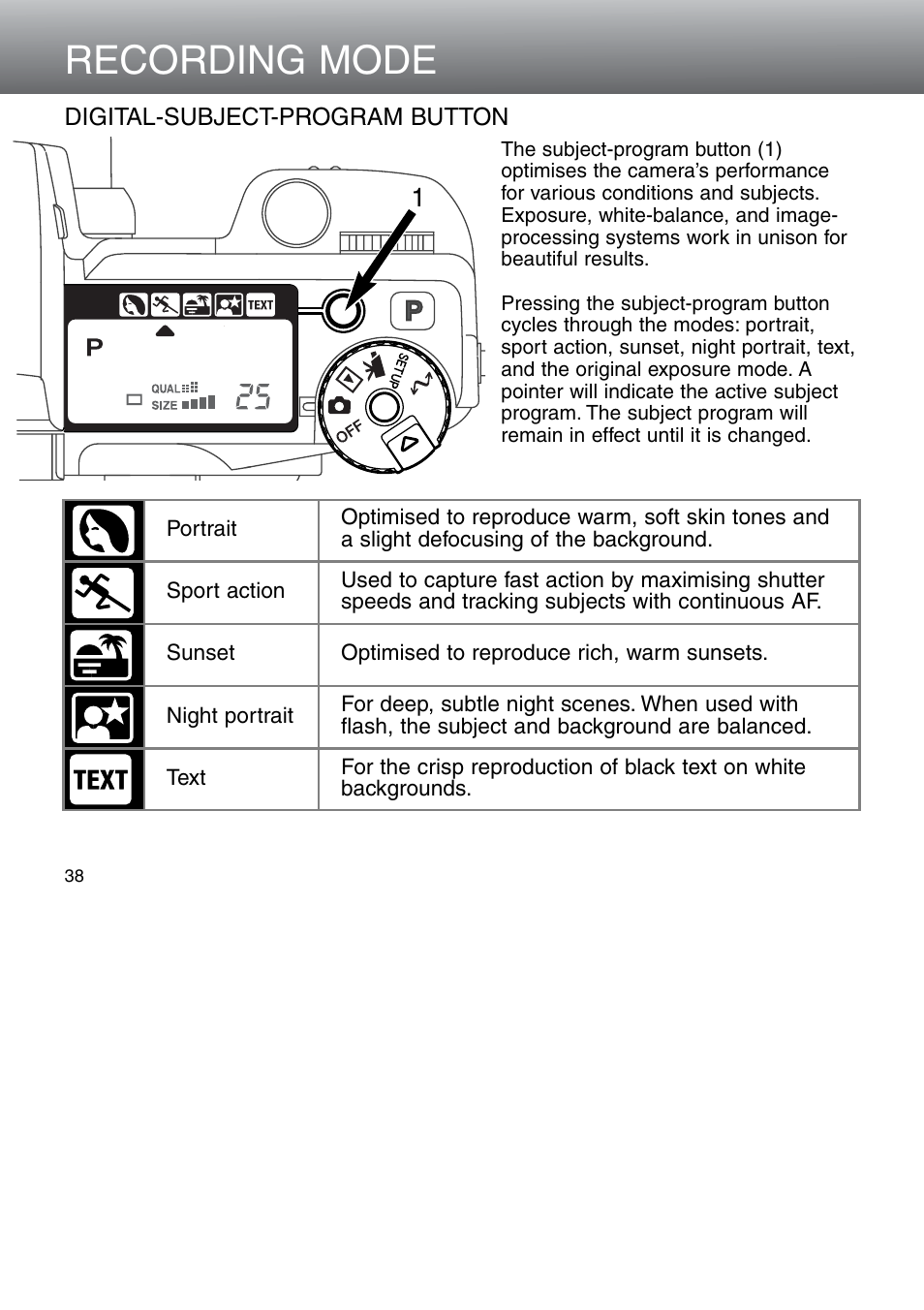 Digital-subject-program button, Recording mode | Minolta Dimage 5 User Manual | Page 38 / 150