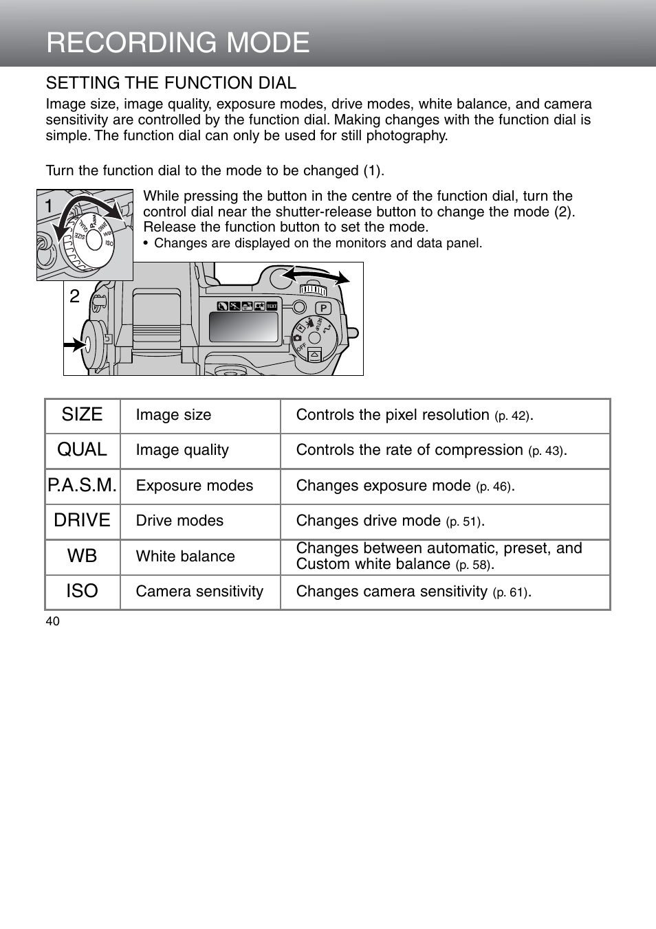 Setting the function dial, Recording mode, Iso wb drive p.a.s.m. qual size | Minolta Dimage 5 User Manual | Page 40 / 150