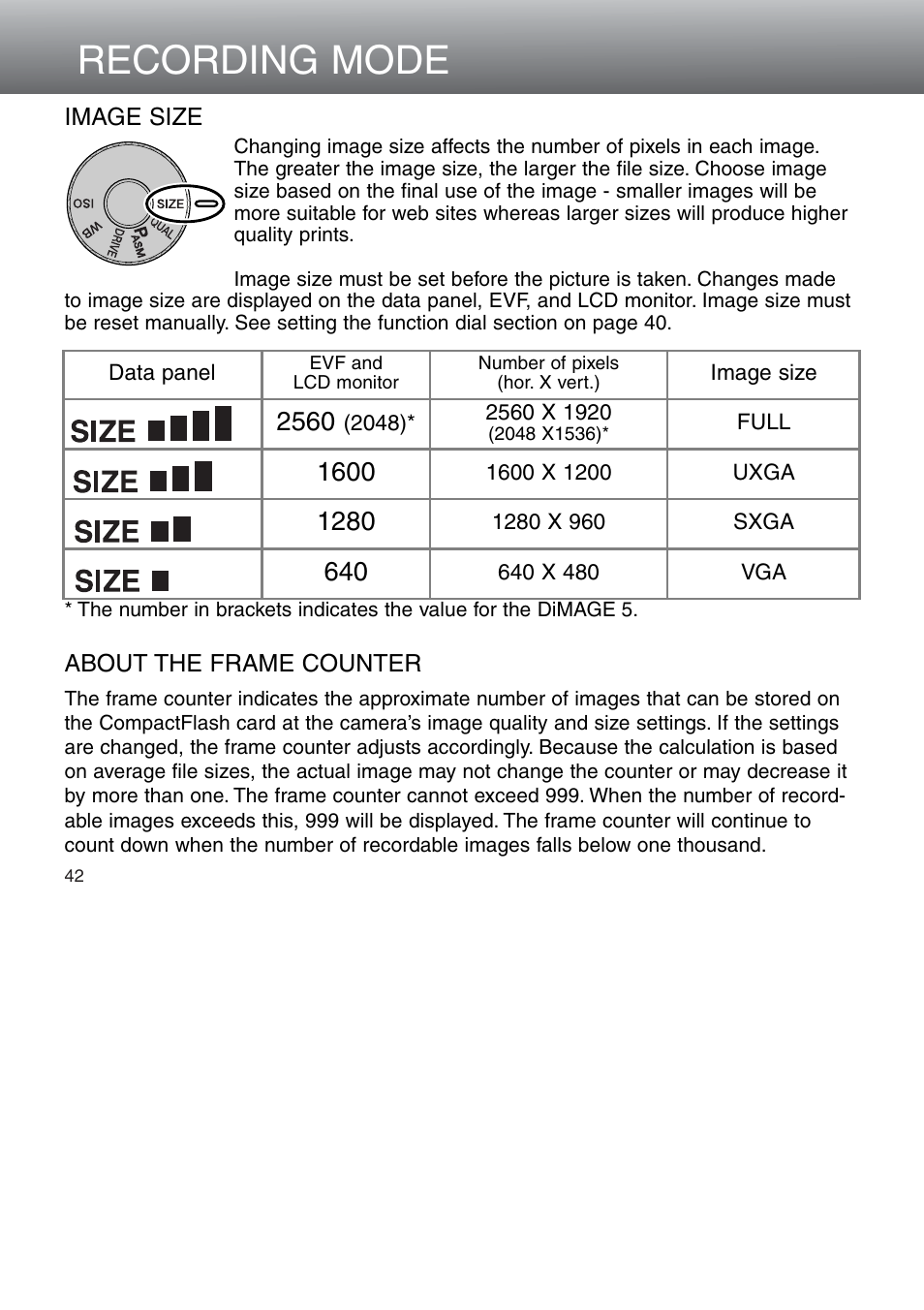 Image size, Recording mode | Minolta Dimage 5 User Manual | Page 42 / 150