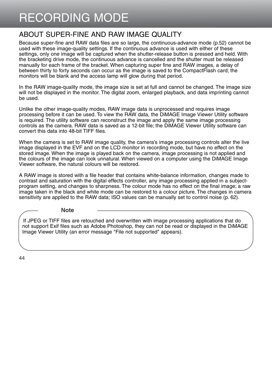 About super-fine and raw image quality, Recording mode | Minolta Dimage 5 User Manual | Page 44 / 150