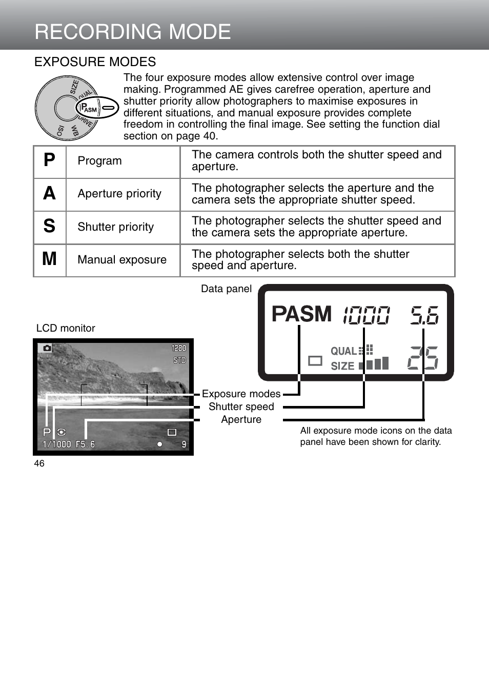 Exposure modes, Recording mode, As m | Minolta Dimage 5 User Manual | Page 46 / 150